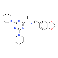 ChemSpider 2D Image | 2-[(2E)-2-(1,3-Benzodioxol-5-ylmethylene)-1-methylhydrazino]-4,6-di(1-piperidinyl)-1,3,5-triazine | C22H29N7O2