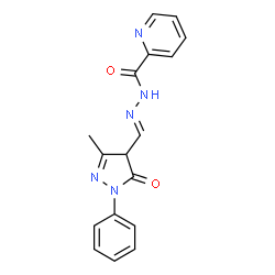 ChemSpider 2D Image | N'-[(E)-(3-Methyl-5-oxo-1-phenyl-4,5-dihydro-1H-pyrazol-4-yl)methylene]-2-pyridinecarbohydrazide | C17H15N5O2