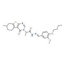 ChemSpider 2D Image | N'-[(E)-(4-Butoxy-3-methoxyphenyl)methylene]-2-(7-methyl-4-oxo-5,6,7,8-tetrahydro[1]benzothieno[2,3-d]pyrimidin-3(4H)-yl)propanehydrazide | C26H32N4O4S