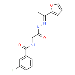 ChemSpider 2D Image | 3-Fluoro-N-(2-{(2E)-2-[1-(2-furyl)ethylidene]hydrazino}-2-oxoethyl)benzamide | C15H14FN3O3