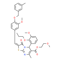 ChemSpider 2D Image | 2-Methoxyethyl (2E)-2-{3-methoxy-4-[(3-methylbenzyl)oxy]benzylidene}-5-(3-methoxy-2-propoxyphenyl)-7-methyl-3-oxo-2,3-dihydro-5H-[1,3]thiazolo[3,2-a]pyrimidine-6-carboxylate | C37H40N2O8S