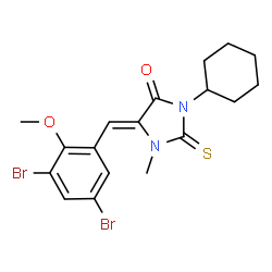 ChemSpider 2D Image | (5Z)-3-Cyclohexyl-5-(3,5-dibromo-2-methoxybenzylidene)-1-methyl-2-thioxo-4-imidazolidinone | C18H20Br2N2O2S