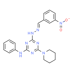 ChemSpider 2D Image | 4-[(2E)-2-(3-Nitrobenzylidene)hydrazino]-N-phenyl-6-(1-piperidinyl)-1,3,5-triazin-2-amine | C21H22N8O2
