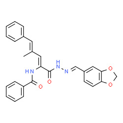 ChemSpider 2D Image | N-{(2Z,4E)-1-[(2E)-2-(1,3-Benzodioxol-5-ylmethylene)hydrazino]-4-methyl-1-oxo-5-phenyl-2,4-pentadien-2-yl}benzamide | C27H23N3O4