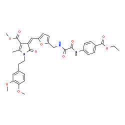 ChemSpider 2D Image | Methyl (4Z)-1-[2-(3,4-dimethoxyphenyl)ethyl]-4-{[5-({[{[4-(ethoxycarbonyl)phenyl]amino}(oxo)acetyl]amino}methyl)-2-furyl]methylene}-2-methyl-5-oxo-4,5-dihydro-1H-pyrrole-3-carboxylate | C34H35N3O10