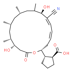 ChemSpider 2D Image | (1S,2S)-2-[(2R,4Z,6Z,8R,11S,13R,15R,16S)-7-Cyano-8,16-dihydroxy-9,11,13,15-tetramethyl-18-oxooxacyclooctadeca-4,6-dien-2-yl]cyclopentanecarboxylic acid | C28H43NO6