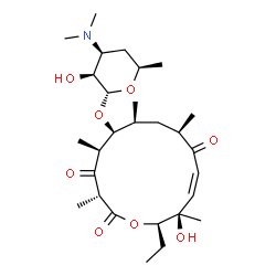 ChemSpider 2D Image | (3R,5S,6S,7S,9R,11Z,13R,14R)-14-Ethyl-13-hydroxy-3,5,7,9,13-pentamethyl-2,4,10-trioxooxacyclotetradec-11-en-6-yl 3,4,6-trideoxy-3-(dimethylamino)-alpha-D-lyxo-hexopyranoside | C28H47NO8