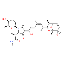 ChemSpider 2D Image | (2S)-2-{(2S,4E)-4-{(2E,4Z,6R)-6-[(1S,2R,6S,7R)-1,6-Dimethylspiro[8,9-dioxabicyclo[3.3.1]non-3-ene-2,2'-oxiran]-7-yl]-1-hydroxy-4-methyl-2,4-heptadien-1-ylidene}-1-[(2S,5S,6S)-5-hydroxy-6-methyltetrahy
dro-2H-pyran-2-yl]-3,5-dioxo-2-pyrrolidinyl}-N-methylpropanamide | C32H44N2O9