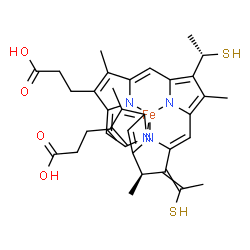 ChemSpider 2D Image | {3,3'-[(7R,8E)-3,7,12,17-Tetramethyl-13-[(1S)-1-sulfanylethyl]-8-(1-sulfanylethylidene)-7,8,22,24-tetrahydroporphyrin-2,18-diyl-kappa~4~N~21~,N~22~,N~23~,N~24~]dipropanoato(4-)}iron | C34H36FeN4O4S2