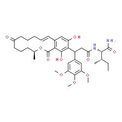 ChemSpider 2D Image | N~2~-{3-[(3S,11E)-14,16-Dihydroxy-3-methyl-1,7-dioxo-3,4,5,6,7,8,9,10-octahydro-1H-2-benzoxacyclotetradecin-15-yl]-3-(3,4,5-trimethoxyphenyl)propanoyl}-L-isoleucinamide | C36H48N2O10