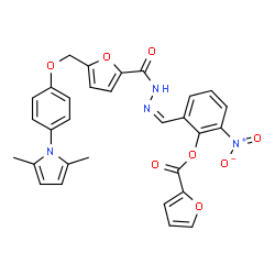 ChemSpider 2D Image | 2-{(Z)-[(5-{[4-(2,5-Dimethyl-1H-pyrrol-1-yl)phenoxy]methyl}-2-furoyl)hydrazono]methyl}-6-nitrophenyl 2-furoate | C30H24N4O8