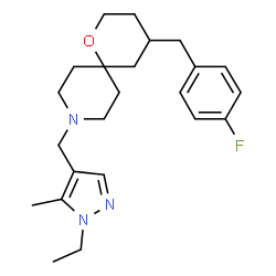 ChemSpider 2D Image | 9-[(1-Ethyl-5-methyl-1H-pyrazol-4-yl)methyl]-4-(4-fluorobenzyl)-1-oxa-9-azaspiro[5.5]undecane | C23H32FN3O