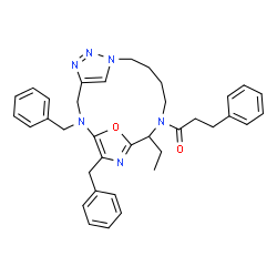 ChemSpider 2D Image | 1-[2,16-Dibenzyl-13-ethyl-17-oxa-2,5,6,7,12,15-hexaazatricyclo[12.2.1.1~4,7~]octadeca-1(16),4(18),5,14-tetraen-12-yl]-3-phenyl-1-propanone | C36H40N6O2
