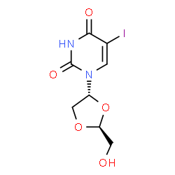 ChemSpider 2D Image | 1-[(2S,4R)-2-(Hydroxymethyl)-1,3-dioxolan-4-yl]-5-iodo-2,4(1H,3H)-pyrimidinedione | C8H9IN2O5