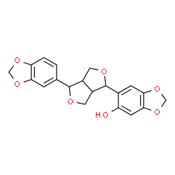 ChemSpider 2D Image | 6-[4-(1,3-Benzodioxol-5-yl)tetrahydro-1H,3H-furo[3,4-c]furan-1-yl]-1,3-benzodioxol-5-ol | C20H18O7