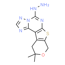 ChemSpider 2D Image | 5-Hydrazino-10,10-dimethyl-10,11-dihydro-8H-pyrano[4',3':4,5]thieno[3,2-e][1,2,4]triazolo[1,5-c]pyrimidine | C12H14N6OS