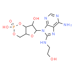 ChemSpider 2D Image | 6-{6-Amino-8-[(2-hydroxyethyl)amino]-9H-purin-9-yl}tetrahydro-4H-furo[3,2-d][1,3,2]dioxaphosphinine-2,7-diol 2-oxide | C12H17N6O7P