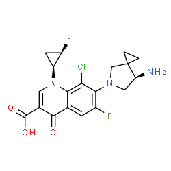 ChemSpider 2D Image | 7-[(7R)-7-Amino-5-azaspiro[2.4]hept-5-yl]-8-chloro-6-fluoro-1-[(1S,2R)-2-fluorocyclopropyl]-4-oxo-1,4-dihydro-3-quinolinecarboxylic acid | C19H18ClF2N3O3