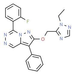 ChemSpider 2D Image | 2-[(1-Ethyl-1H-1,2,4-triazol-5-yl)methoxy]-7-(2-fluorophenyl)-3-phenylpyrazolo[1,5-d][1,2,4]triazine | C22H18FN7O