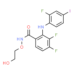 ChemSpider 2D Image | 3,4-Difluoro-2-[(2-fluoro-4-iodophenyl)amino]-N-(2-hydroxyethoxy)benzamide | C15H12F3IN2O3