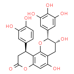 ChemSpider 2D Image | (2R,3R,10S)-10-(3,4-Dihydroxyphenyl)-3,5-dihydroxy-2-(3,4,5-trihydroxyphenyl)-3,4,9,10-tetrahydro-2H,8H-pyrano[2,3-f]chromen-8-one | C24H20O10