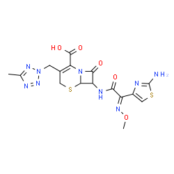 ChemSpider 2D Image | 7-{[(2E)-2-(2-Amino-1,3-thiazol-4-yl)-2-(methoxyimino)acetyl]amino}-3-[(5-methyl-2H-tetrazol-2-yl)methyl]-8-oxo-5-thia-1-azabicyclo[4.2.0]oct-2-ene-2-carboxylic acid | C16H17N9O5S2