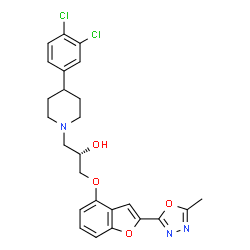 ChemSpider 2D Image | (2S)-1-[4-(3,4-Dichlorophenyl)-1-piperidinyl]-3-{[2-(5-methyl-1,3,4-oxadiazol-2-yl)-1-benzofuran-4-yl]oxy}-2-propanol | C25H25Cl2N3O4