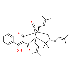 ChemSpider 2D Image | (1S,3Z,5R,7S)-3-[Hydroxy(phenyl)methylene]-6,6-dimethyl-1,5,7-tris(3-methyl-2-buten-1-yl)bicyclo[3.3.1]nonane-2,4,9-trione | C33H42O4