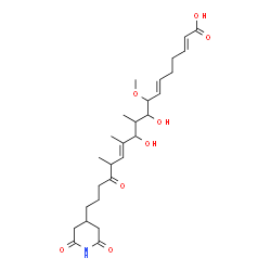ChemSpider 2D Image | (2E,6E,12E)-18-(2,6-Dioxo-4-piperidinyl)-9,11-dihydroxy-8-methoxy-10,12,14-trimethyl-15-oxo-2,6,12-octadecatrienoic acid | C27H41NO8