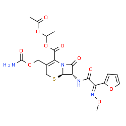 ChemSpider 2D Image | 1-Acetoxyethyl (6R,7S)-3-[(carbamoyloxy)methyl]-7-{[(2E)-2-(2-furyl)-2-(methoxyimino)acetyl]amino}-8-oxo-5-thia-1-azabicyclo[4.2.0]oct-2-ene-2-carboxylate | C20H22N4O10S