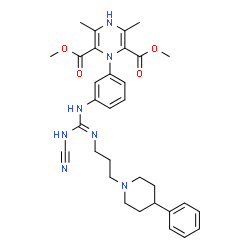 ChemSpider 2D Image | Dimethyl 1-(3-{N'-cyano-N''-[3-(4-phenyl-1-piperidinyl)propyl]carbamimidamido}phenyl)-3,5-dimethyl-1,4-dihydro-2,6-pyrazinedicarboxylate | C32H39N7O4