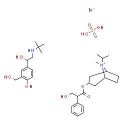 ChemSpider 2D Image | 4-[2-(tert-butylamino)-1-hydroxy-ethyl]-2-(hydroxymethyl)phenol; (8-isopropyl-8-methyl-8-azoniabicyclo[3.2.1]octan-3-yl) 3-hydroxy-2-phenyl-propanoate; sulfuric acid; bromide | C33H53BrN2O10S