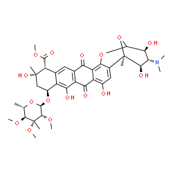 ChemSpider 2D Image | Methyl (1R,10S,12S,13R,22S,23R,24R)-10-[(6-deoxy-3-C-methyl-2,3,4-tri-O-methyl-alpha-L-mannopyranosyl)oxy]-23-(dimethylamino)-4,8,12,22,24-pentahydroxy-1,12-dimethyl-6,17-dioxo-20,25-dioxahexacyclo[19
.3.1.0~2,19~.0~5,18~.0~7,16~.0~9,14~]pentacosa-2,4,7(16),8,14,18-hexaene-13-carboxylate | C39H49NO16