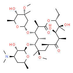 ChemSpider 2D Image | (3R,4S,5S,6R,7R,9R,11R,12R,13S,14R)-6-{[(2R,3S,4R,6S)-4-(Dimethylamino)-3-hydroxy-6-methyltetrahydro-2H-pyran-2-yl]oxy}-14-ethyl-12,13-dihydroxy-4-{[(2R,4R,5S,6S)-5-hydroxy-4-methoxy-4,6-dimethyltetra
hydro-2H-pyran-2-yl]oxy}-7-methoxy-3,5,7,9,11,13-hexamethyloxacyclotetradecane-2,10-dione | C38H69NO13
