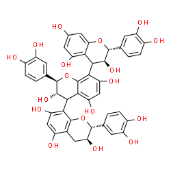 ChemSpider 2D Image | (2R,2'R,2''R,3S,3'S,3''S)-2,2',2''-Tris(3,4-dihydroxyphenyl)-3,3',3'',4,4',4''-hexahydro-2H,2'H,2''H-4,8':4',8''-terchromene-3,3',3'',5,5',5'',7,7',7''-nonol | C45H38O18