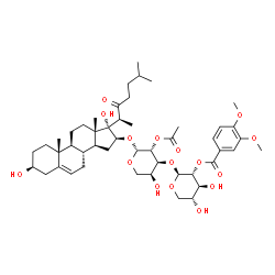 ChemSpider 2D Image | (3beta,16beta)-3,17-Dihydroxy-22-oxocholest-5-en-16-yl 2-O-acetyl-3-O-[2-O-(3,4-dimethoxybenzoyl)-beta-D-xylopyranosyl]-beta-L-arabinopyranoside | C48H70O16