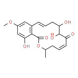 ChemSpider 2D Image | (5Z,11E)-8,9,16-Trihydroxy-14-methoxy-3-methyl-3,4,9,10-tetrahydro-1H-2-benzoxacyclotetradecine-1,7(8H)-dione | C19H22O7