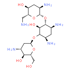 ChemSpider 2D Image | (2R,3R,4S,6R)-4,6-Diamino-3-[(2,6-diamino-2,3,6-trideoxy-beta-D-ribo-hexopyranosyl)oxy]-2-hydroxycyclohexyl 3-amino-2,3-dideoxy-alpha-D-arabino-hexopyranoside | C18H37N5O8