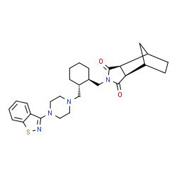 ChemSpider 2D Image | (2R,6S)-4-{[(1R,2R)-2-{[4-(1,2-Benzothiazol-3-yl)-1-piperazinyl]methyl}cyclohexyl]methyl}-4-azatricyclo[5.2.1.0~2,6~]decane-3,5-dione | C28H36N4O2S