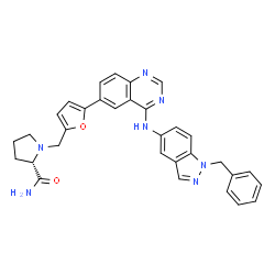 ChemSpider 2D Image | 1-[(5-{4-[(1-Benzyl-1H-indazol-5-yl)amino]-6-quinazolinyl}-2-furyl)methyl]-L-prolinamide | C32H29N7O2
