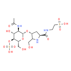 ChemSpider 2D Image | 2-{[(4R)-4-[(2-Acetamido-2-deoxy-4-O-sulfo-beta-D-glucopyranosyl)oxy]-5-(hydroxymethyl)-L-prolyl]amino}ethanesulfonic acid | C16H29N3O14S2