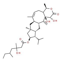 ChemSpider 2D Image | (1R,4R,6Z,7aR,8aR,10S,11S,11aR,12aR,13aR)-1,13a-Dihydroxy-11-isopropyl-4,7,8a-trimethyl-13-methylene-2-oxo-1,2,4,4a,5,7a,8,8a,9,10,11,11a,12,12a,13,13a-hexadecahydroindeno[5',6':4,5]cycloocta[1,2-c]py
ran-10-yl 3-hydroxy-3,5-dimethylheptanoate | C34H54O7