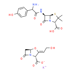 ChemSpider 2D Image | Potassium (2R,3Z,5R)-3-(2-hydroxyethylidene)-7-oxo-4-oxa-1-azabicyclo[3.2.0]heptane-2-carboxylate - (2S,5R,6R)-6-{[amino(4-hydroxyphenyl)acetyl]amino}-3,3-dimethyl-7-oxo-4-thia-1-azabicyclo[3.2.0]hept
ane-2-carboxylic acid (1:1:1) | C24H27KN4O10S