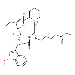 ChemSpider 2D Image | (3S,6S,9S,15aR)-3-[(2S)-2-Butanyl]-6-[(1-methoxy-1H-indol-3-yl)methyl]-9-(6-oxooctyl)octahydro-2H-pyrido[1,2-a][1,4,7,10]tetraazacyclododecine-1,4,7,10(3H,12H)-tetrone | C34H49N5O6