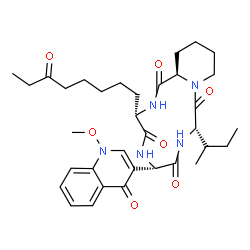 ChemSpider 2D Image | (3S,6S,9S,15aR)-9-[(2S)-2-Butanyl]-6-(1-methoxy-4-oxo-1,4-dihydro-3-quinolinyl)-3-(6-oxooctyl)octahydro-2H-pyrido[1,2-a][1,4,7,10]tetraazacyclododecine-1,4,7,10(3H,12H)-tetrone | C34H47N5O7