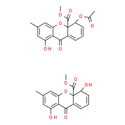ChemSpider 2D Image | Methyl 4,8-dihydroxy-6-methyl-9-oxo-4,9-dihydro-4aH-xanthene-4a-carboxylate - methyl 4-acetoxy-8-hydroxy-6-methyl-9-oxo-4,9-dihydro-4aH-xanthene-4a-carboxylate (1:1) | C34H30O13
