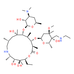 ChemSpider 2D Image | (2S,3S,4R,5S,8R,10S,11R,12S,13S,14R)-13-({2,6-Dideoxy-4-C-[(ethylamino)methyl]-3-C-methyl-3-O-methyl-alpha-L-xylo-hexopyranosyl}oxy)-2-ethyl-3,4,10-trihydroxy-3,5,8,10,12,14-hexamethyl-15-oxo-1-oxa-6-
azacyclopentadecan-11-yl 3,4,6-trideoxy-3-(dimethylamino)-beta-D-xylo-hexopyranoside | C40H77N3O12