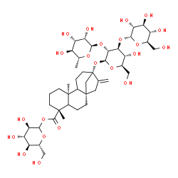 ChemSpider 2D Image | 1-O-[(5xi,8alpha,9xi,10alpha,13alpha)-13-{[6-Deoxy-alpha-D-mannopyranosyl-(1->2)-[alpha-D-glucopyranosyl-(1->3)]-beta-D-glucopyranosyl]oxy}-18-oxokaur-16-en-18-yl]-D-glucopyranose | C44H70O22