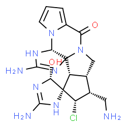 ChemSpider 2D Image | (3aR,5'R,10aS,11R,12S,13S,13aR)-2,2'-Diamino-11-(aminomethyl)-12-chloro-5'-hydroxy-3,3',3a,5',10a,11,12,13a-octahydro-8H,10H-spiro[cyclopenta[3,4]pyrrolo[1,2-a]imidazo[4,5-b]pyrrolo[1,2-d]pyrazine-13,
4'-imidazol]-8-one | C17H22ClN9O2