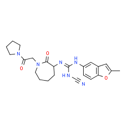 ChemSpider 2D Image | 1-Cyano-3-(2-methyl-1-benzofuran-5-yl)-2-{2-oxo-1-[2-oxo-2-(1-pyrrolidinyl)ethyl]-3-azepanyl}guanidine | C23H28N6O3